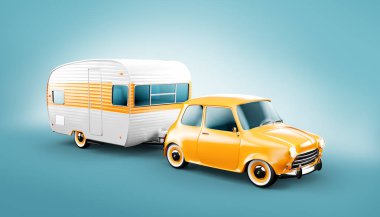 Retro araba beyaz römork ile. Klasik bir karavan alışılmadık 3d Illustration. Kamp ve kavram seyahat