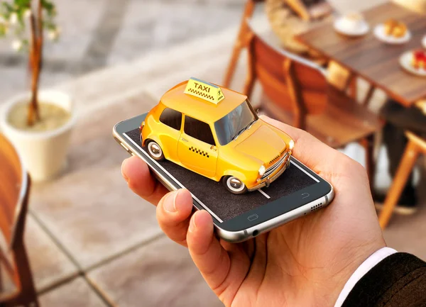 Смартфон додаток служби таксі для онлайн пошуку дзвінків і бронювання таксі. Незвичайна 3D ілюстрація таксі на смартфоні в руці . — стокове фото