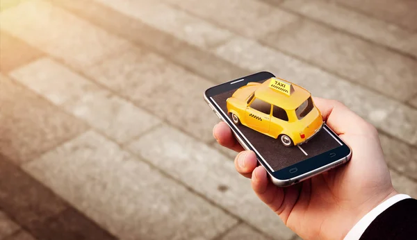 Εφαρμογή smartphone υπηρεσία ταξί για online αναζήτηση κλήσεις και κράτηση ταξί. Ασυνήθιστο 3d απεικόνιση του ταξί καμπίνας στο έξυπνο τηλέφωνό στο χέρι. — Φωτογραφία Αρχείου