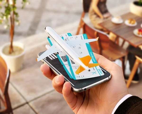 Smartphone application for online searching, buying and booking flights on the internet. Online check-in. Unusual 3D illustration of commercial airplane and boarding passes on smart phone in hand — Stock Photo, Image