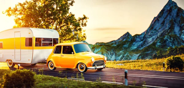 Retro araba beyaz römork ile. Klasik bir karavan alışılmadık 3d Illustration. Kamp ve kavram seyahat