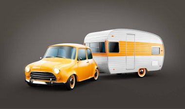 Retro araba beyaz römork ile. Klasik bir karavan alışılmadık 3d Illustration. Kamp ve kavram seyahat