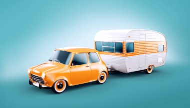 Retro araba beyaz römork ile. Klasik bir karavan alışılmadık 3d Illustration. Kamp ve kavram seyahat