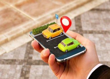 Online ücretsiz otopark yeri harita üzerinde arama için Smartphone uygulama. GPS navigasyon. Park kavramı