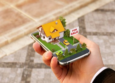 Online arama, satın alma, satış ve gayrimenkul rezervasyon için Smartphone uygulama. Akıllı telefon elinde güzel evde olağandışı 3d çizimi