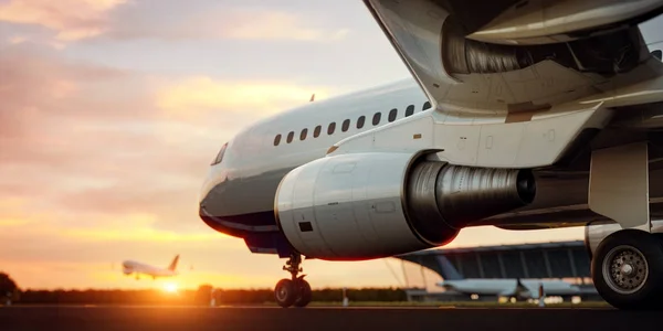 Bílý stojící komerční letadla na přistávací dráze letiště při západu slunce. Osobní letadlo se rozbíhá. Letadlo koncept 3d ilustrace. — Stock fotografie