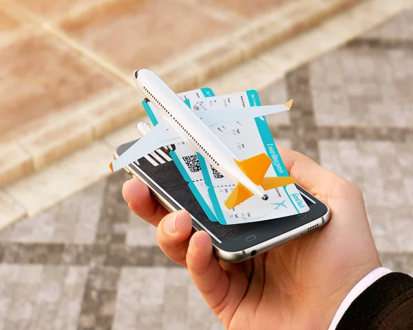 Smartphone application for online searching, buying and booking flights on the internet. Online check-in. Unusual 3D illustration of commercial airplane and boarding passes on smart phone in hand — Stock Photo, Image