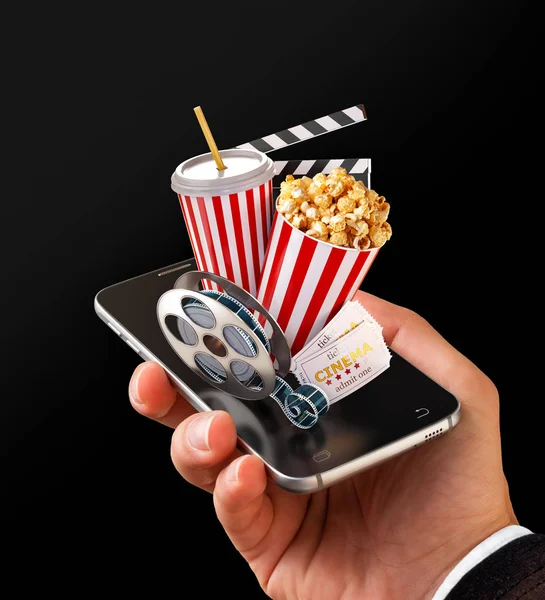 Smartphone application for online buying and booking cinema tickets. Live watching movies and video. Unusual 3D illustration of popcorn, cinema reel, disposable cup, clapper and tickets on smarthone — Stock Photo, Image