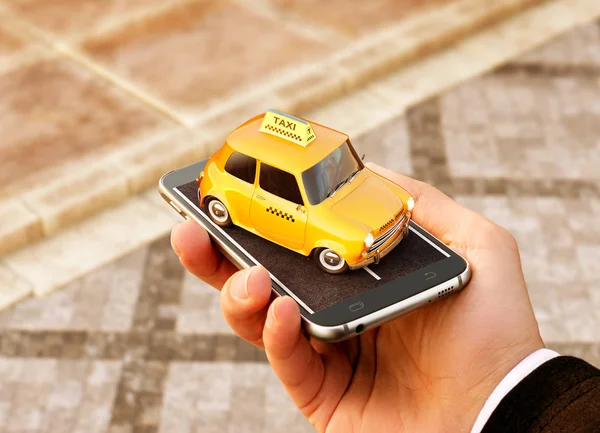 Aplicación de teléfono inteligente del servicio de taxi para la búsqueda en línea llamando y reservando un taxi. Ilustración 3D inusual de la cabina de taxi en el teléfono inteligente en la mano . — Foto de Stock