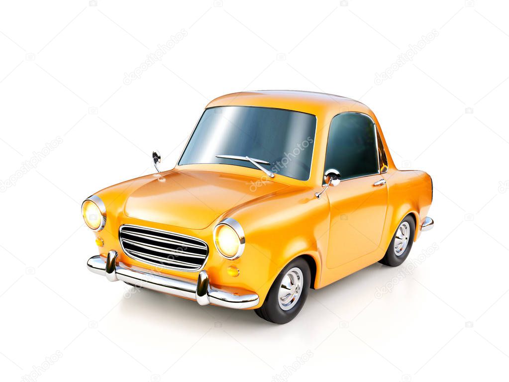 3d illustration of a funny yellow cartoon retro car isolated on white