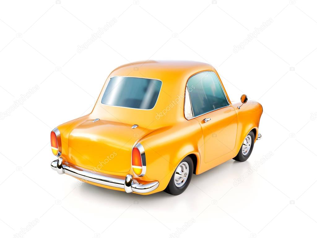 3d illustration of a funny yellow cartoon retro car isolated on white