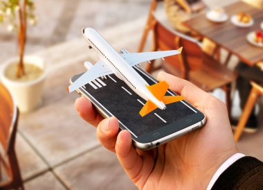 Çevrimiçi arama için Smartphone Uygulama, Internet üzerinde satın alma ve rezervasyon uçuşlar. Online check-in olağandışı ticari uçak akıllı telefon elinde kalktıktan 3d çizimi