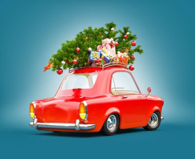 Kırmızı Noel Baba'nın araba hediye kutuları ve Noel ağacı üstünde belgili tanımlık tepe