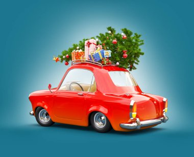 Kırmızı Noel Baba'nın araba hediye kutuları ve Noel ağacı üstünde belgili tanımlık tepe