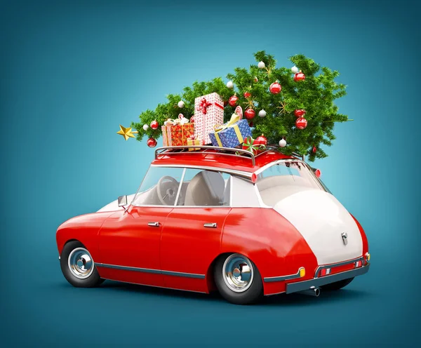 Coche de Santa Roja con cajas de regalo y árbol de Navidad en la parte superior — Foto de Stock