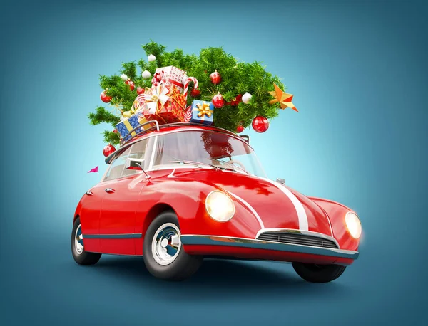 Rotes Weihnachtsmannauto mit Geschenkschachteln und Weihnachtsbaum auf dem Dach — Stockfoto