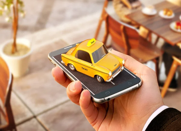 Smartphone toepassing van taxiservice voor online zoeken bellen en boeken van een taxi. Ongewone 3d illustratie van taxi cabine op slimme telefoon in de hand. — Stockfoto