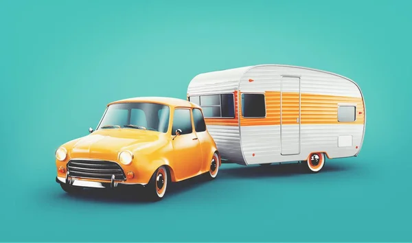 Retro bil med vit trailer. Ovanlig 3d illustration av en klassisk husvagn. Camping och resor koncept — Stockfoto