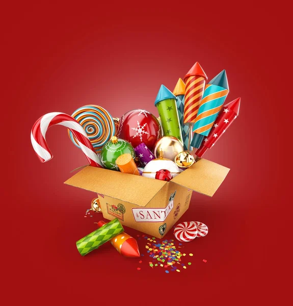 Pudełko pełne Boże Narodzenie zabawki, cukierki i jasne kolorowe fajerwerki rakiety. — Zdjęcie stockowe