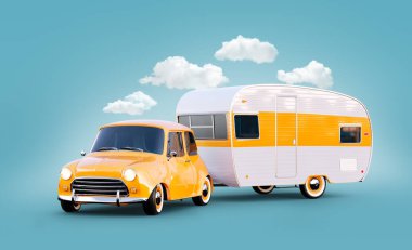 Retro araba beyaz römork ile. Klasik bir karavan alışılmadık 3d Illustration. Kamp ve kavram seyahat