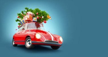 Kırmızı Noel Baba'nın araba hediye kutuları ve Noel ağacı üstünde belgili tanımlık tepe