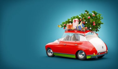 Kırmızı Noel Baba'nın araba hediye kutuları ve Noel ağacı üstünde belgili tanımlık tepe