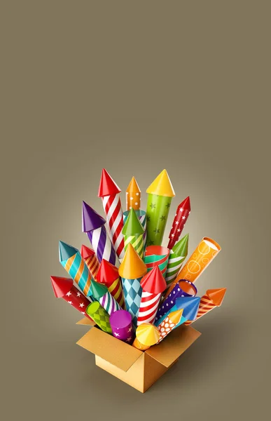 Foguetes coloridos brilhantes fogos de artifício em uma caixa . — Fotografia de Stock