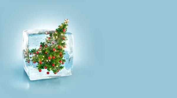 Beautiful Decorated Christmas tree inside ice cube. — Stock Photo, Image