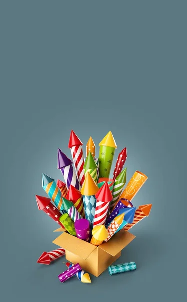 Bright colorful fireworks rockets in a box. — Stock Photo, Image