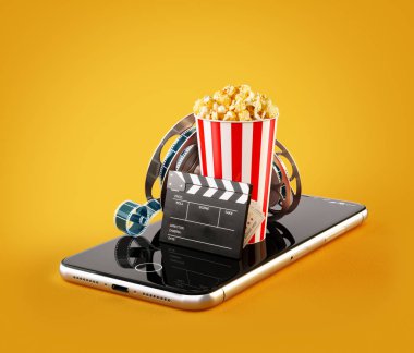 Smartphone Uygulama online satın alma ve sinema biletleri rezervasyon. Canlı film ve video izlemek. Patlamış mısır, sinema reel, tek kullanımlık Kupası, tokmağı ve smarthone bilet alışılmadık 3d çizimi