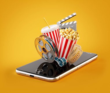 Smartphone Uygulama online satın alma ve sinema biletleri rezervasyon. Canlı film ve video izlemek. Patlamış mısır, sinema reel, tek kullanımlık Kupası, tokmağı ve smarthone bilet alışılmadık 3d çizimi