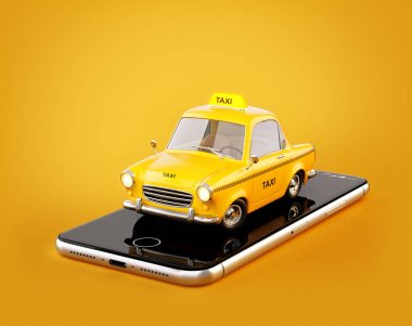 Taksi hizmeti çevrimiçi arama arama ve bir taksi rezervasyon için Smartphone uygulama. Taksi akıllı telefon üzerinde olağandışı 3d çizimi.