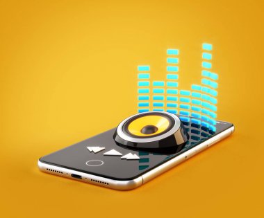 Online satın alma, indirme ve müzik için Smartphone uygulama. Müzik player uygulaması smartphone ekranında alışılmadık 3d çizimi