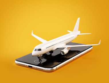 Çevrimiçi arama için Smartphone Uygulama, Internet üzerinde satın alma ve rezervasyon uçuşlar. Online check-in olağandışı ticari uçak akıllı telefon üzerinde 3d çizimi
