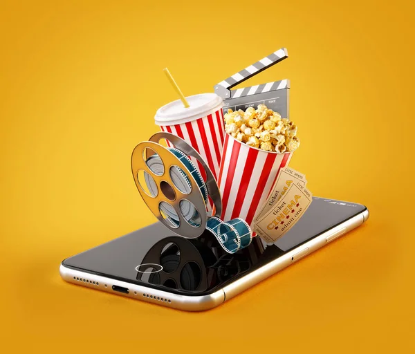 Smartphone Uygulama online satın alma ve sinema biletleri rezervasyon. Canlı film ve video izlemek. Patlamış mısır, sinema reel, tek kullanımlık Kupası, tokmağı ve smarthone bilet alışılmadık 3d çizimi — Stok fotoğraf