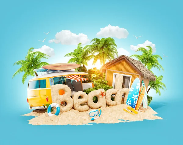 Le mot Plage fait de sable sur l'île tropicale. Illustration 3D inhabituelle des vacances d'été. Concept de voyage et vacances . — Photo