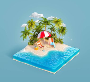 Bir kum plajda şezlonglar