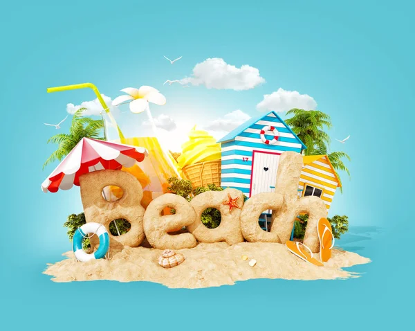 Slovo Beach jsou vyrobeny z písku na tropickém ostrově. Neobvyklé 3d ilustrace letních prázdnin. Cestování a dovolená. — Stock fotografie