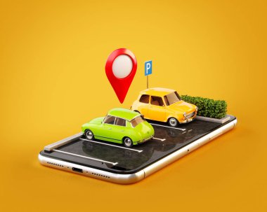 Olağandışı 3d çizim os smartphone uygulama online ücretsiz otopark yeri harita üzerinde arama için. Otopark ve araba kavramı paylaşımı