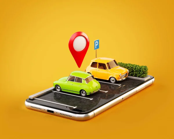 Unusual 3d illustration os smartphone application for online searching free parking place en el mapa. Estacionamiento y concepto de coche compartido —  Fotos de Stock