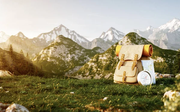 Touristic backpack with map and compass — Stock Photo, Image