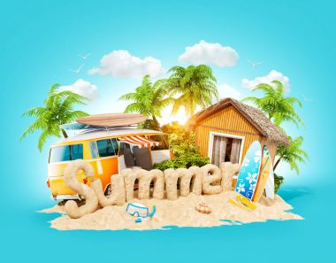 Kelime yaz kumun tropik ada üzerinde yapılmış. Yaz tatili alışılmadık 3d Illustration. Seyahat ve tatil kavramı.