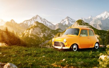 Sevimli küçük retro araba yaz günü dağda sahasının çim.