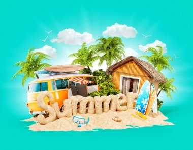 Kelime yaz kumun tropik ada üzerinde yapılmış. Yaz tatili alışılmadık 3d Illustration. Seyahat ve tatil kavramı.