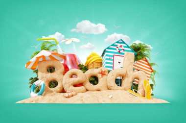 Word plaj kum tropik adada yapılmış. Yaz tatili alışılmadık 3d Illustration. Seyahat ve tatil kavramı.