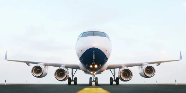 Bílý stojící komerční letadla na přistávací dráze letiště při západu slunce. Čelní pohled na simulátorech se rozbíhá. Letadlo koncept 3d ilustrace. — Stock fotografie