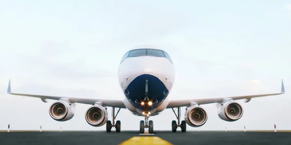 Avión comercial blanco parado en la pista del aeropuerto al atardecer. Vista frontal del avión de pasajeros está despegando. Concepto de avión Ilustración 3D . — Foto de Stock