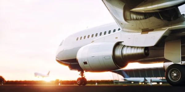 Avión comercial blanco parado en la pista del aeropuerto al atardecer. El avión de pasajeros despega. Concepto de avión Ilustración 3D . — Foto de Stock