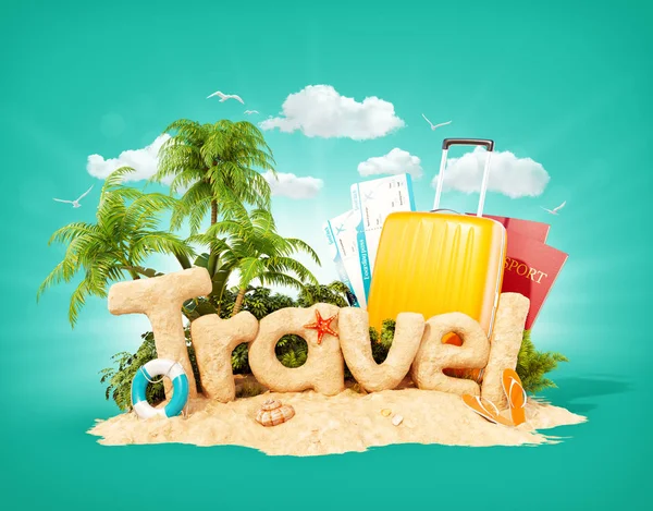 Het woord reizen gemaakt van zand op tropisch eiland. Ongewone 3d illustratie van de zomervakantie. Reizen en vakantie concept. — Stockfoto