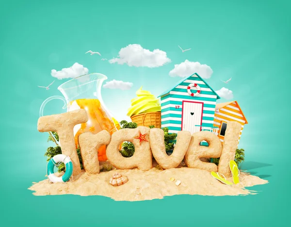 Ordet resor gjorda av sand på tropisk ö. Ovanlig 3d illustration av sommarlovet. Resor och semester koncept. — Stockfoto